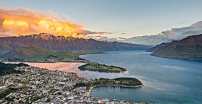 风景,瓦卡蒂普湖,皇后镇,日落,景色,自然保护区,壮观,奥塔哥,南部地区,新西兰,大洋洲