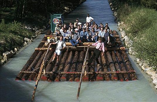 一群人,女人,木质,筏子,伊萨尔河,巴伐利亚,德国,欧洲