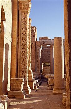 入口,论坛,古老,罗马,城市,莱普蒂斯马格纳,一个,四个,壁柱,环形殿,相互,大教堂,特写,石刻,藤,卷轴