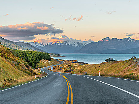 道路,风景,库克山,日落,普卡基湖,库克山国家公园,南阿尔卑斯山,坎特伯雷,南岛,新西兰,大洋洲