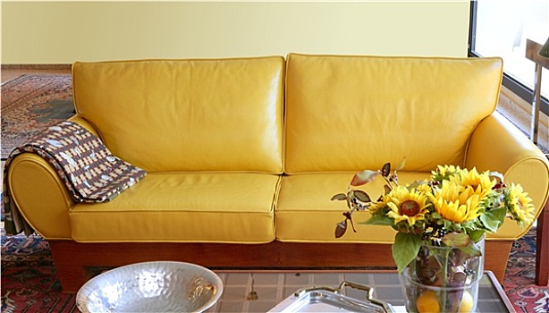 黄色,皮沙发,室内,向日葵,花束