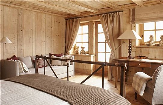 木房子,室内,卧室,木地板,墙壁