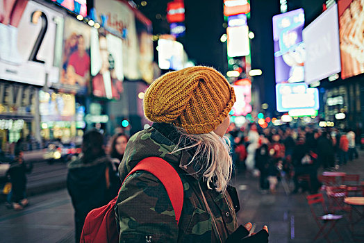 白发,女孩,黄色,冬天,帽子,时代广场,纽约