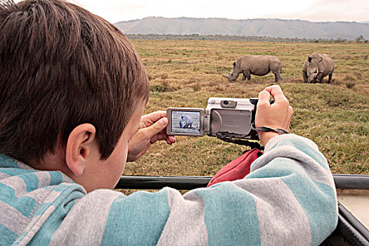 男孩,摄影,白犀牛,交通工具,靠近,湖,肯尼亚