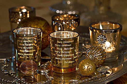 黄金,圣诞装饰,茶烛,固定器具