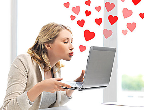 虚拟,关系,网恋,交际,网络,概念,女人,发送,吻,笔记本电脑