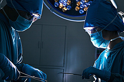 两个,外科,俯视,工作,手术台,暗色,手术室