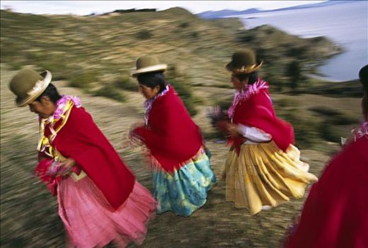 玻利维亚,提提卡卡湖,女人,跳舞,旋转,庆贺,节日,圣安德烈斯岛,相互,十一月,彩色,服饰,享用,血,地球,母亲