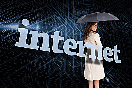 职业女性,拿着,伞,后面,文字,互联网