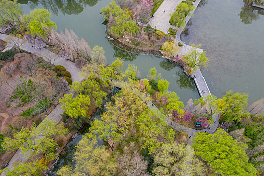 航拍济南大明湖春色满园