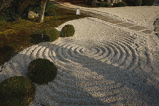 日本京都圆光寺庭院里的圆形波纹枯山水