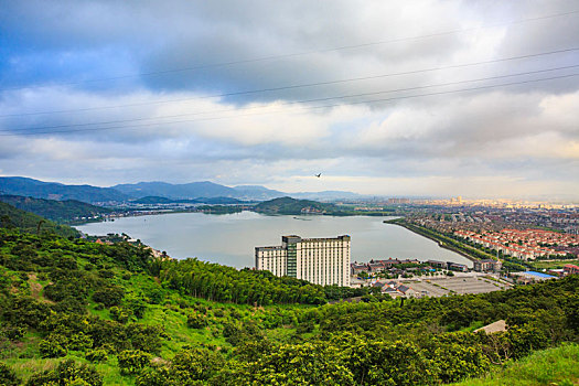 慈溪,龙山,窖湖,水面,俯瞰,城镇,建筑