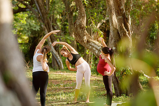 瑜珈,指导,练习,孕妇,公园