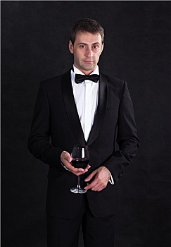 时髦,男人,优雅,黑色,男式礼服,玻璃,红酒