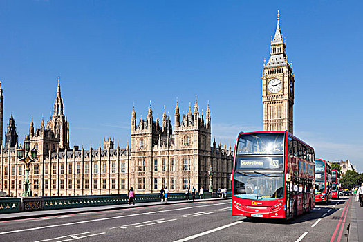 红色,双层汽车,威斯敏斯特桥,大本钟,议会大厦,伦敦,英格兰,英国,欧洲