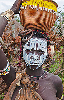 埃塞俄比亚,奥莫低谷,国家公园,金卡,摩西族,部族,头像,涂绘,脸,传统文化