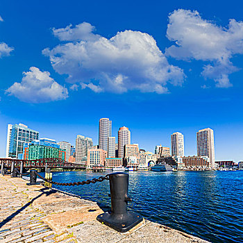 波士顿,天际线,狂热,码头,阳光,马萨诸塞,美国