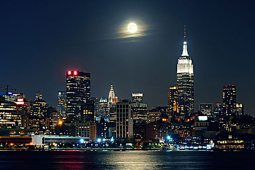 升月,上方,曼哈顿中城,城市天际线,夜晚
