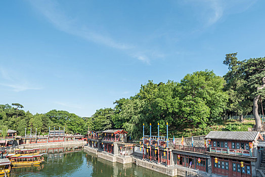 中国北京北海公园湖边树林古建筑