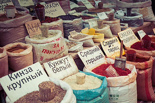 漂亮,鲜明,东方,市场,包,满,多样,调味品,集市,比什凯克,吉尔吉斯斯坦