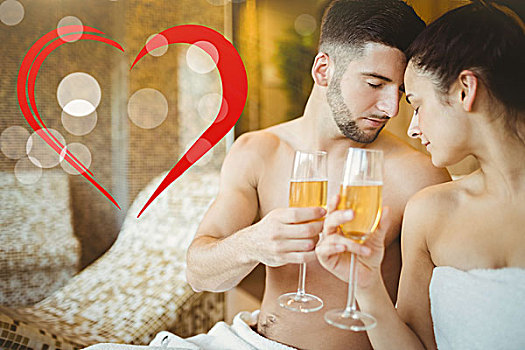 合成效果,图像,浪漫,情侣,一起,香槟,玻璃,心形