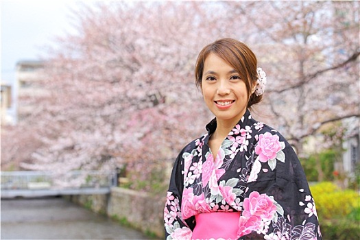 日本人,女人,穿,和服,樱花