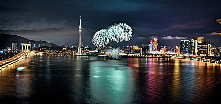 澳门,海面,夜景,灯光,大桥,烟花