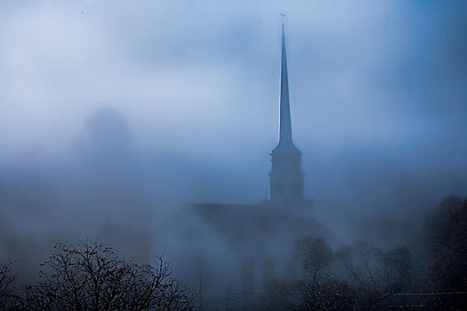 美国,佛蒙特州,教堂,雾