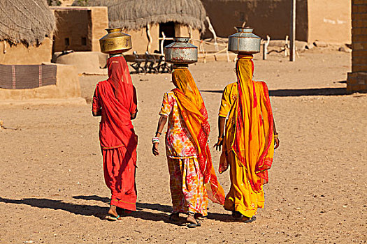 印度,拉贾斯坦邦,塔尔沙漠,三个,印第安女人,水,背影,乡村