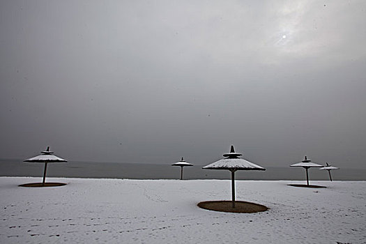 雪,海边,下雪,大海,沙滩,阳伞,安静,干净,秦皇岛,北戴河