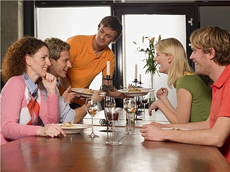 男青年,食物,两个,年轻,情侣,餐桌