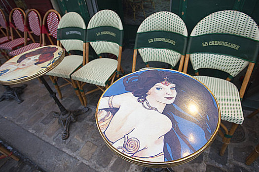 法国,巴黎,蒙马特尔,特写,桌子,椅子,露天咖啡馆
