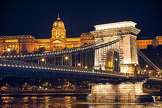 欧洲,匈牙利,布达佩斯,链索桥,城堡,多瑙河,夜晚