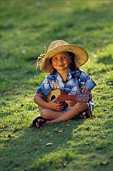 夏威夷,男孩,草帽,夏威夷四弦琴