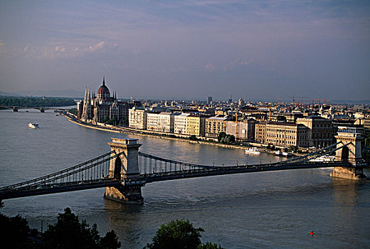 俯拍,桥,河,链索桥,布达佩斯,匈牙利