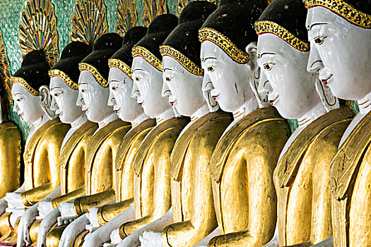 许多,坐佛,雕塑,墙壁,装饰,玻璃,图案,塔,洞穴,传说,山,靠近,曼德勒,缅甸,亚洲