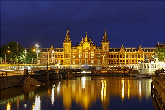 夜晚,城市风光,阿姆斯特丹,运河,中央车站