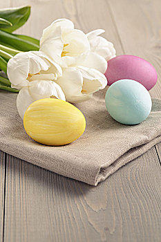 柔和色彩,复活节彩蛋,郁金香,桌上,照片
