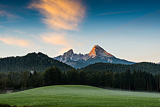 瓦茨曼山,日出,贝希特斯加登地区,上巴伐利亚,巴伐利亚,德国,欧洲