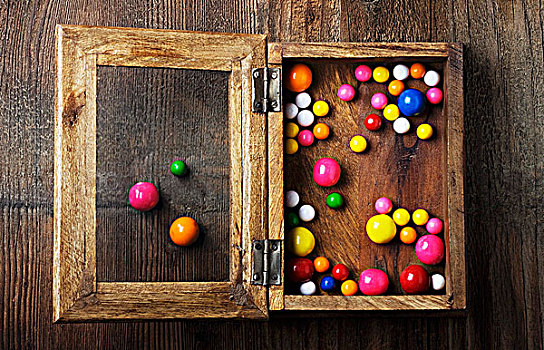 彩色,口香糖球,木质,影子,盒子