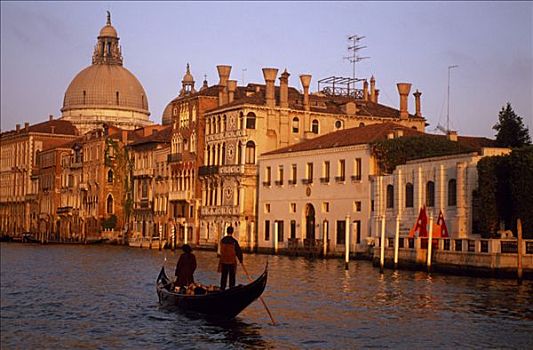 一个,小船,大运河,日落,特色,威尼斯,别墅,穹顶,背景