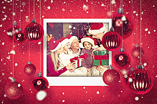 合成效果,图像,圣诞节,照片,家庭,穿,帽子,拿着,礼物