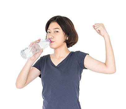 亚洲女性,喝,瓶装水