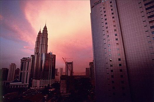 马来西亚,吉隆坡,双子塔,黄昏