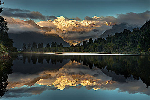日落,反射,湖,攀升,库克山,西区国家公园,新西兰