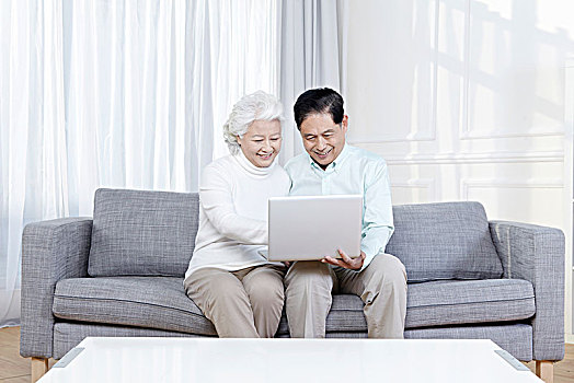 老年夫妇坐在沙发上玩电脑