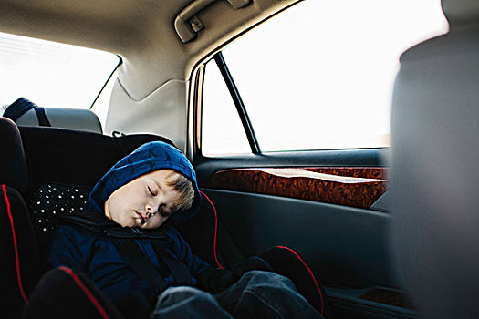 男孩,睡觉,后座,汽车