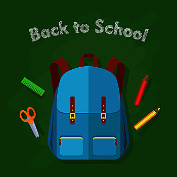 返校,蓝色,背包,两个,现代,学校,物体,后面,绿色,尺子,红色,黄色,铅笔,橙色,剪刀,插画,卡通,风格,设计,矢量