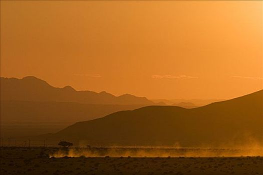 日落,山峦,驾驶,汽车,很多,灰尘,农场,纳米比亚