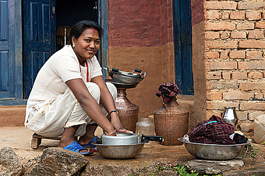 尼泊尔人,女人,餐具,尼泊尔,亚洲